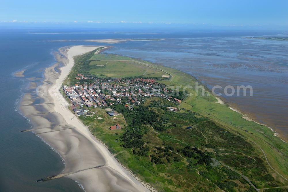 Aerial image Wangerooge - Wangerooge Island with the main town in the Wadden Sea of the North Sea in the state of Lower Saxony. Wangerooge is the Eastern-most inhabited of the East Frisian Islands. It has a sand beach and is a spa resort. View from the West of the main town, island and airfield