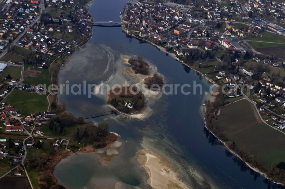 Stein am Rhein from above - Werd Island in the course of the river Rhine in the city Stein am Rhein in the canton of Schaffhausen in Switzerland