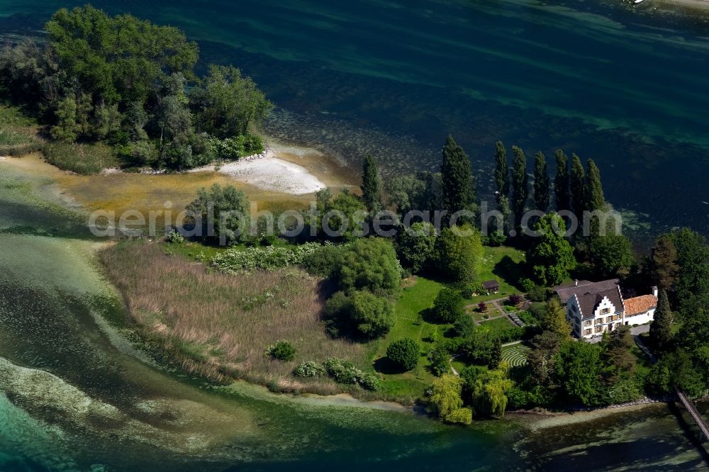 Aerial image Eschenz - Island on the banks of the river course Rhine in the district Werd mit St. Ottmar-Kappelle in Eschenz in the canton Thurgau, Switzerland