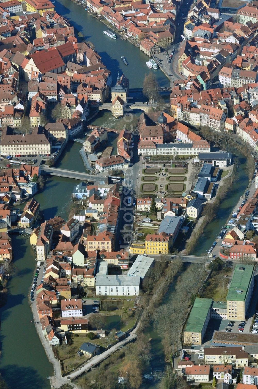 Bamberg from above - The Old Town Hall in Bamberg in Bavaria. The old town was included in the list of World Cultural and Natural Heritage of Humanity by UNESCO