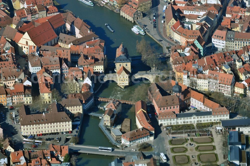 Bamberg from the bird's eye view: The Old Town Hall in Bamberg in Bavaria. The old town was included in the list of World Cultural and Natural Heritage of Humanity by UNESCO