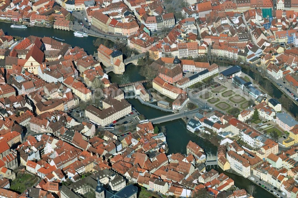 Aerial image Bamberg - The Old Town Hall in Bamberg in Bavaria. The old town was included in the list of World Cultural and Natural Heritage of Humanity by UNESCO