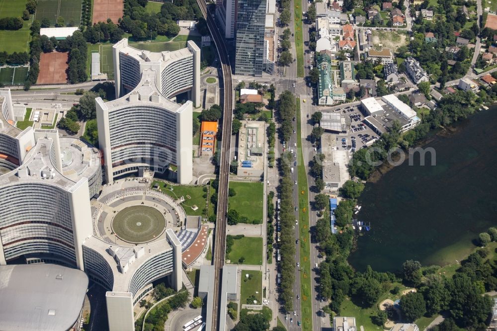 Wien from the bird's eye view: The city center with United Nations Office for Outer Space Affairs and the Internationale Atomenergie-Organisation in the downtown area in Vienna in Austria