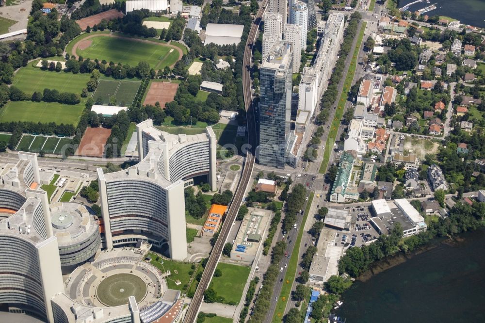 Wien from above - The city center with United Nations Office for Outer Space Affairs and the Internationale Atomenergie-Organisation and IZD Tower in the downtown area in Vienna in Austria