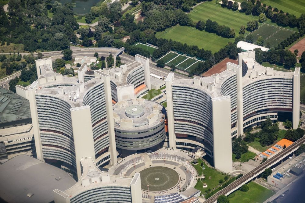 Wien from above - The city center with United Nations Office for Outer Space Affairs and the Internationale Atomenergie-Organisation in the downtown area in Vienna in Austria