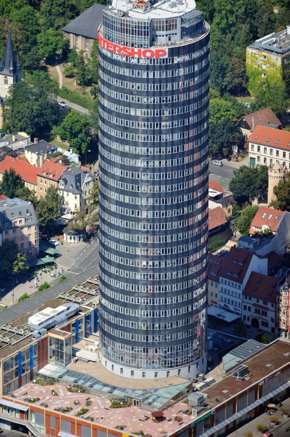 Jena from the bird's eye view: View of the Intershop Tower in Jena in Thuringia