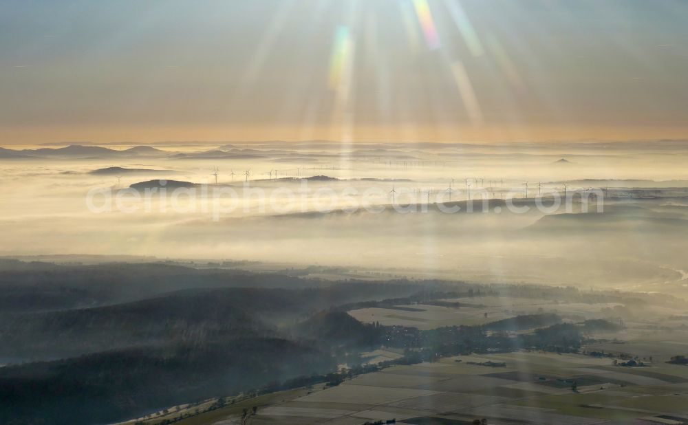 Aerial image Gutsbezirk Reinhardswald - Inversion - Weather conditions at the horizon in Gutsbezirk Reinhardswald in the state Hesse, Germany