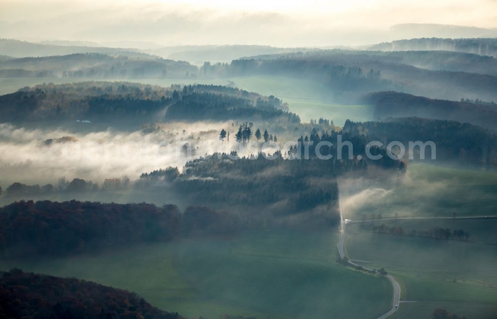 Dachsenhausen from above - Inversion - Weather conditions at the horizon and forest landscape near Dachsenhausen in the state Rhineland-Palatinate