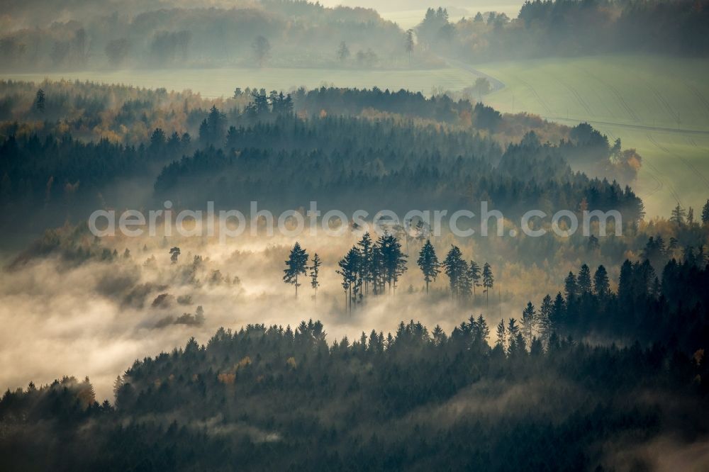 Aerial image Dachsenhausen - Inversion - Weather conditions at the horizon and forest landscape near Dachsenhausen in the state Rhineland-Palatinate