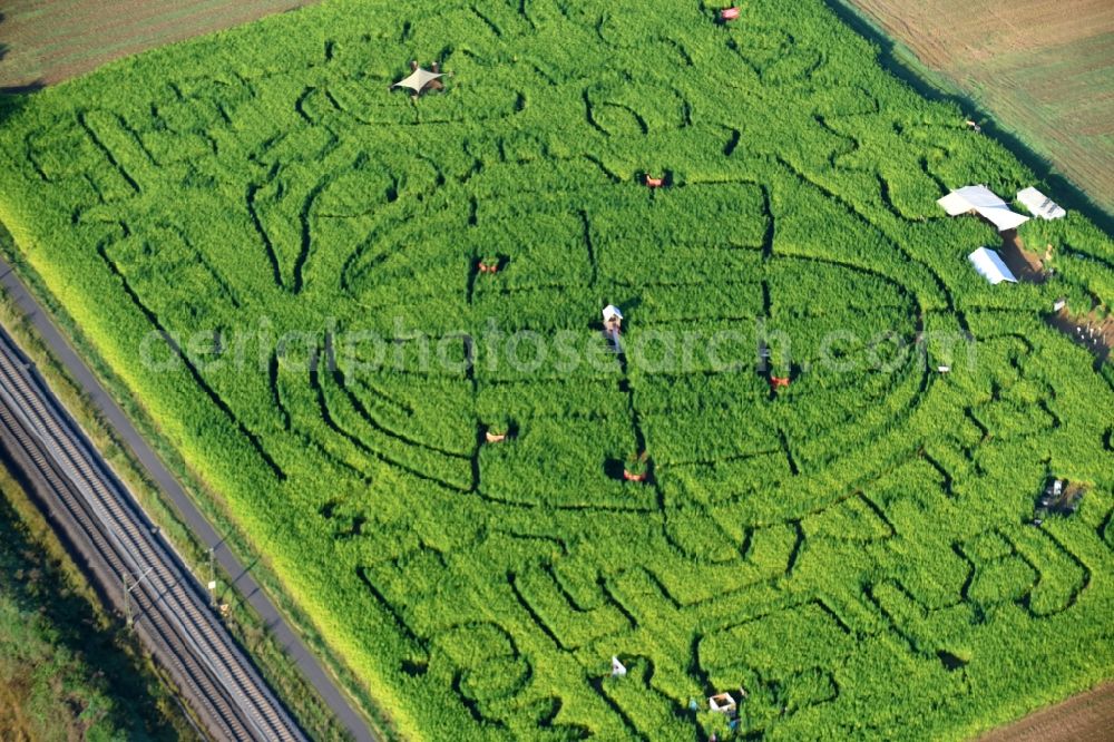 Aerial photograph Weimar (Lahn) - Hemp - Labyrinth with the outline of a Globus with the motto Refugees Welcome Auf dem Joch in a field in Weimar (Lahn) in the state Hesse, Germany