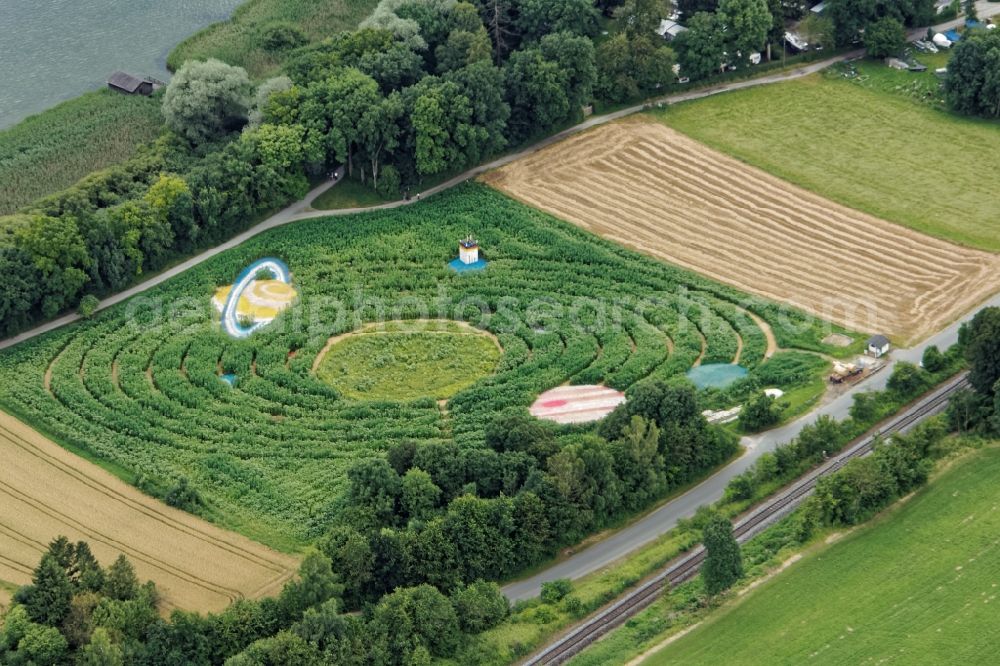 Aerial image Utting am Ammersee - Maze - Labyrinth in a field in Utting am Ammersee in the state Bavaria