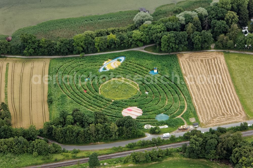 Aerial photograph Utting am Ammersee - Maze - Labyrinth in a field in Utting am Ammersee in the state Bavaria