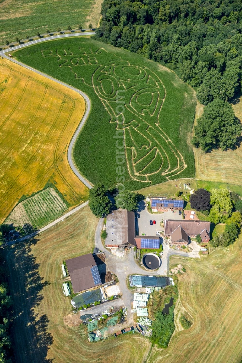 Selm from the bird's eye view: Maze - Labyrinth with the outline in a field in Selm in the state North Rhine-Westphalia, Germany