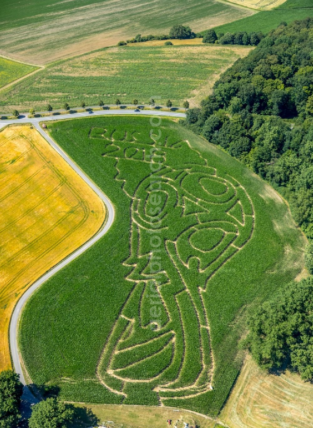 Aerial photograph Selm - Maze - Labyrinth with the outline in a field in Selm in the state North Rhine-Westphalia, Germany