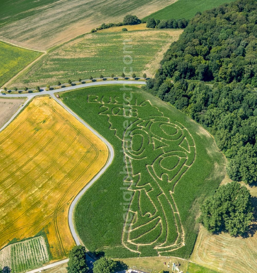 Selm from the bird's eye view: Maze - Labyrinth with the outline in a field in Selm in the state North Rhine-Westphalia, Germany