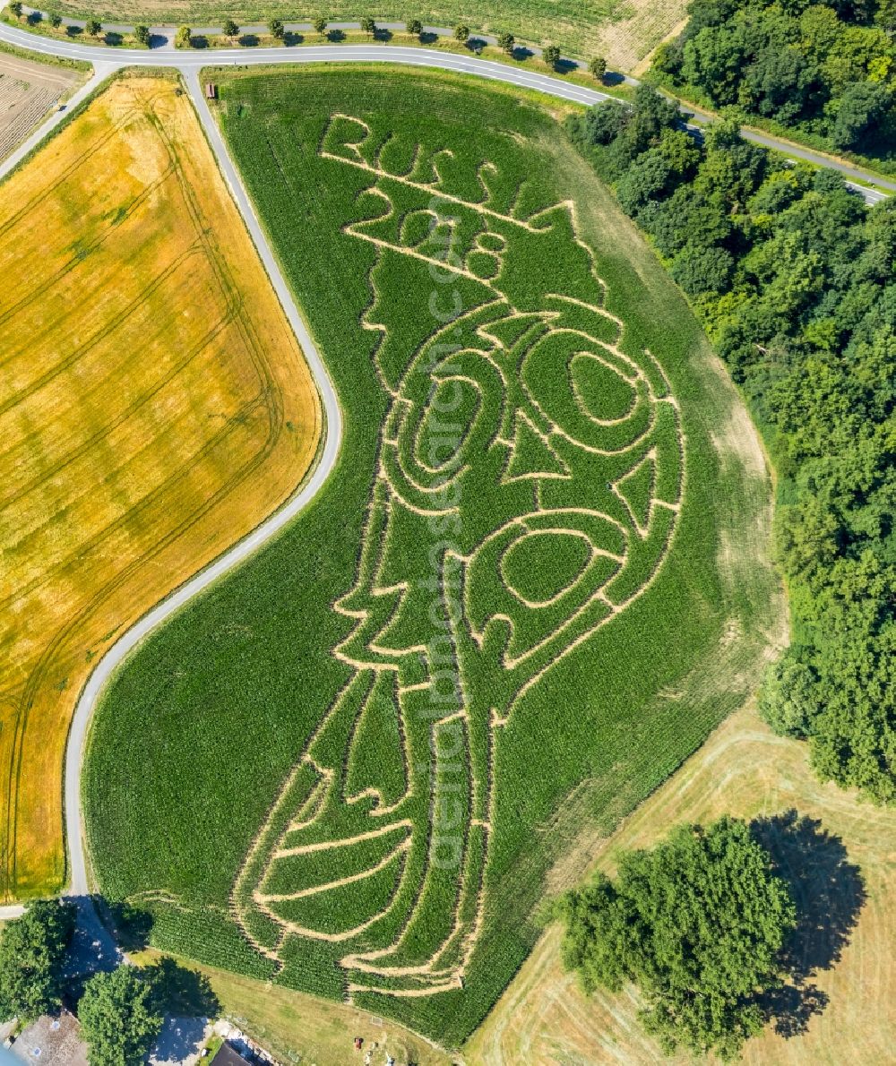 Aerial photograph Selm - Maze - Labyrinth with the outline in a field in Selm in the state North Rhine-Westphalia, Germany