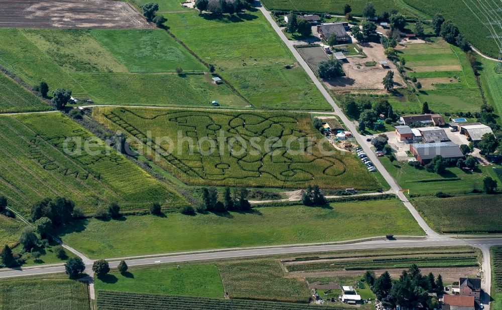 Freiburg im Breisgau from the bird's eye view: Maze - Labyrinth with the outline of of Feuerwehr Opfingen in a field in Freiburg im Breisgau in the state Baden-Wuerttemberg, Germany