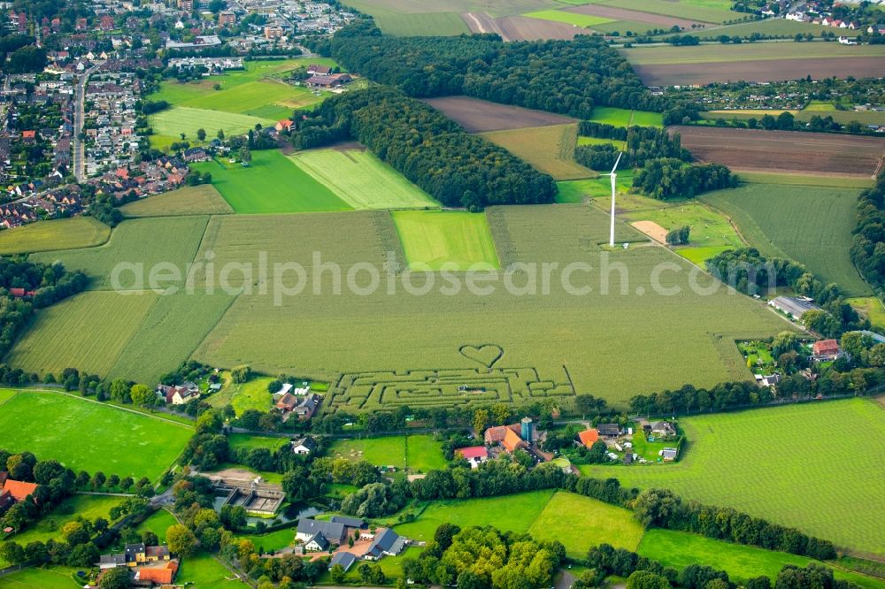 Herten from the bird's eye view: Maze - Labyrinth with the outline of einer Herz- Form in a field in Herten in the state North Rhine-Westphalia