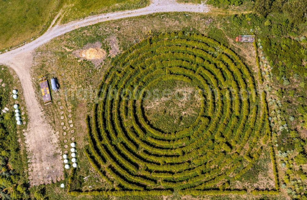 Balve from above - Maze - Labyrinth with the outline of of a circle in a field in Leveringhausen in the state North Rhine-Westphalia, Germany