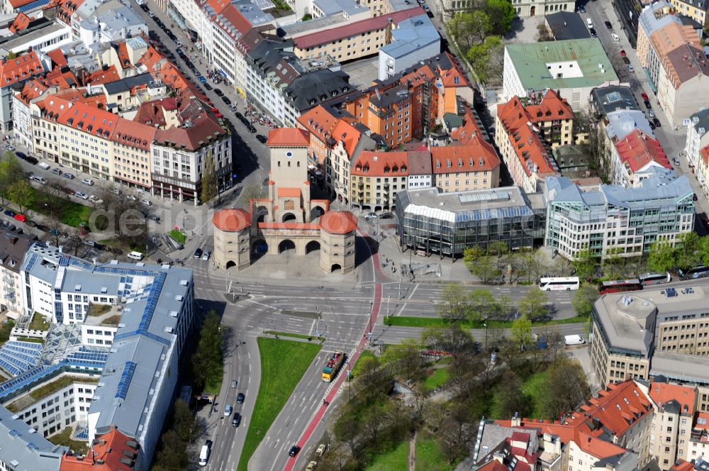 Aerial photograph München - The Isartor in Munich in the state of Bavaria. The eastern city gate of the historic old town was part of the former city fortification and now houses the Valentin Karlstadt Musaeum