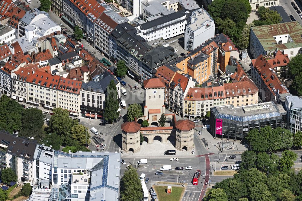 Aerial image München - The Isartor in Munich in the state of Bavaria. The eastern city gate of the historic old town was part of the former city fortification and now houses the Valentin Karlstadt Musaeum