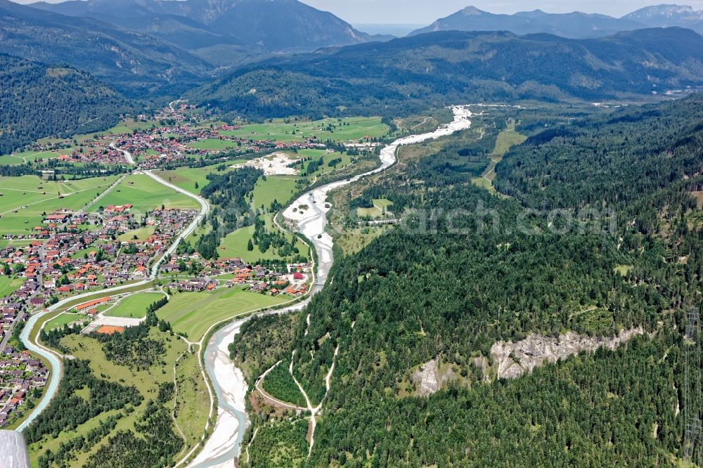 Aerial image Krün - Isar weir, Kruen and Wallgau on the course of Isar and Obernachkanal in the state Bavaria, Germany