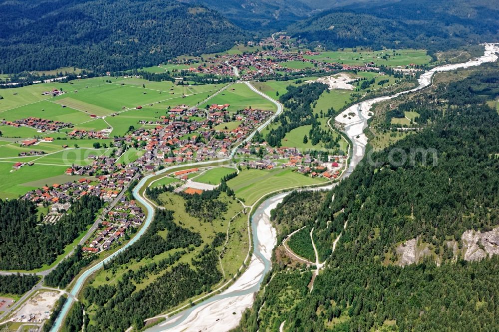 Aerial photograph Krün - Isar weir, Kruen and Wallgau on the course of Isar and Obernachkanal in the state Bavaria, Germany