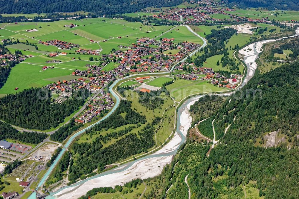 Krün from above - Isar weir, Kruen and Wallgau on the course of Isar and Obernachkanal in the state Bavaria, Germany