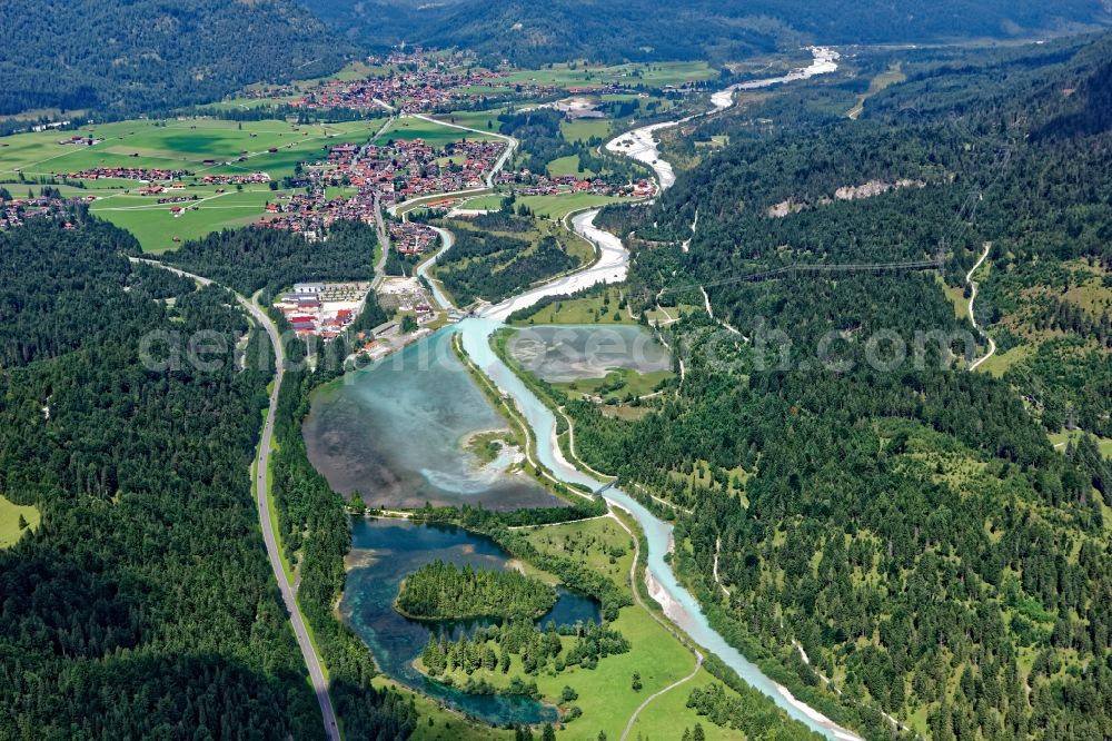 Krün from the bird's eye view: Isar weir, Kruen and Wallgau on the course of Isar and Obernachkanal in the state Bavaria, Germany