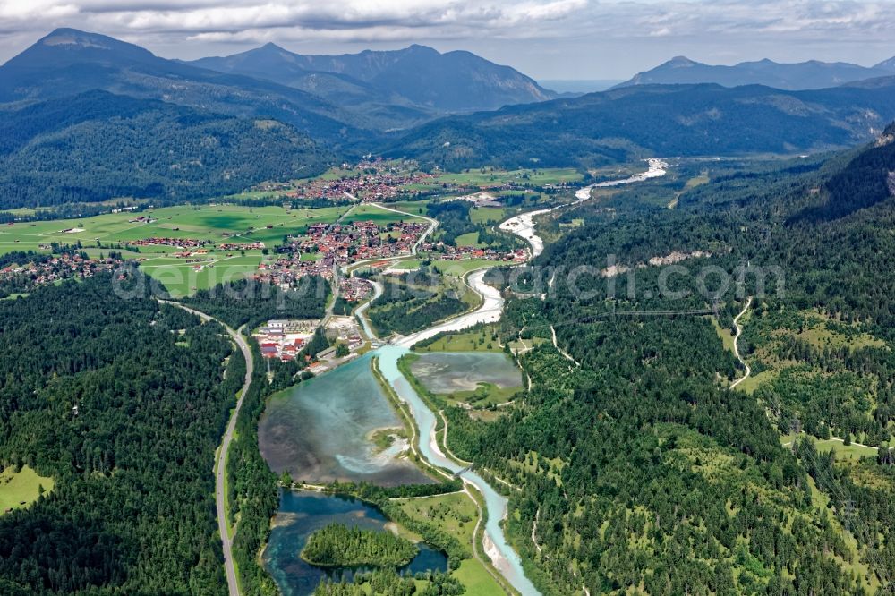 Aerial image Krün - Isar weir, Kruen and Wallgau on the course of Isar and Obernachkanal in the state Bavaria, Germany