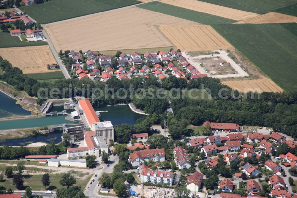 Finsing from above - Impoundment and shore areas at the lake Ismaninger Speichersees in Finsing in the state Bavaria