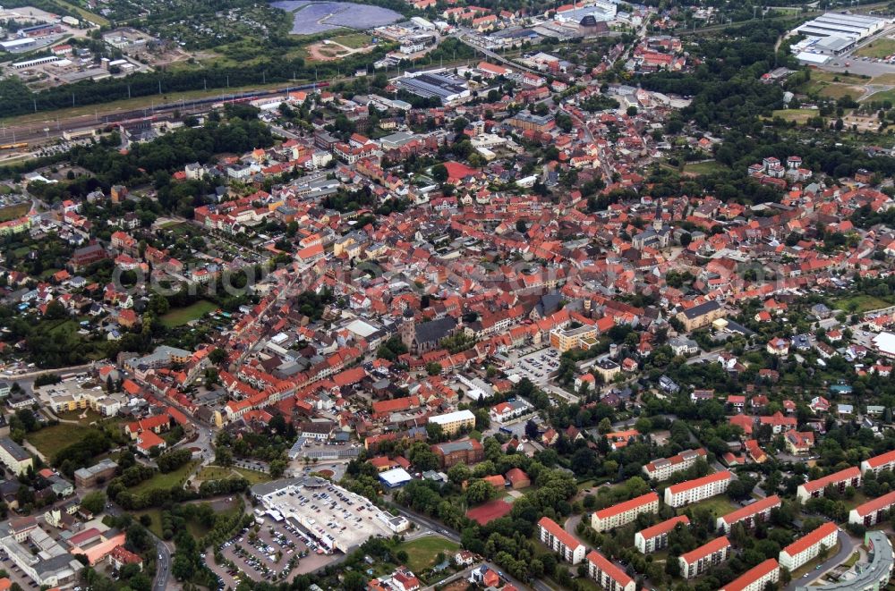 Sangerhausen from above - Jacobi Church on the historic market square of the city center in Sangerhausen in Saxony-Anhalt