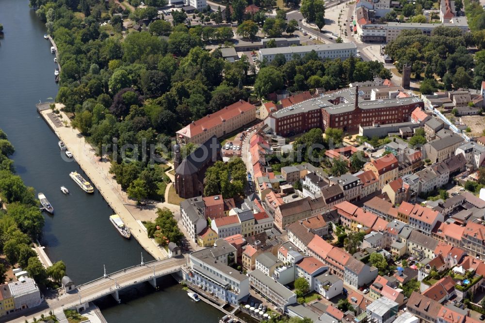 Brandenburg an der Havel from above - Saint John, a former Franciscan cloister church, with the Millennium Bridge in the historic center in the city of Brandenburg an der Havel in Brandenburg