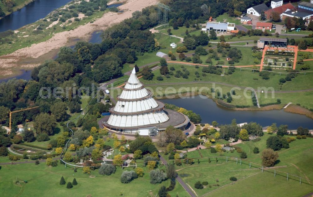 Aerial photograph Magdeburg - View of the Millennium Tower in Elbauenpark. The Millennium Tower in Magdeburg is 60 meters is the tallest wooden building in Germany and was built at the Federal Garden Show 1999th