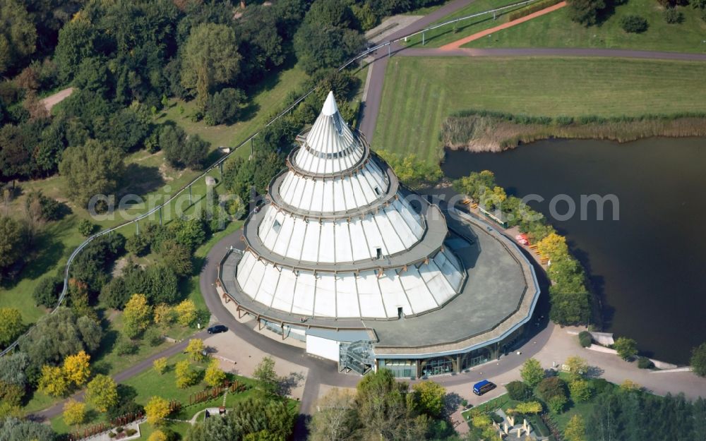 Magdeburg from above - View of the Millennium Tower in Elbauenpark. The Millennium Tower in Magdeburg is 60 meters is the tallest wooden building in Germany and was built at the Federal Garden Show 1999th