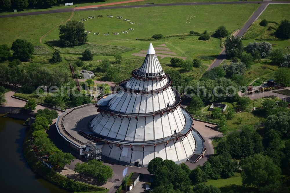 Magdeburg from above - View of the Millennium Tower in Elbauenpark. The Millennium Tower in Magdeburg is was built at the Federal Garden Show