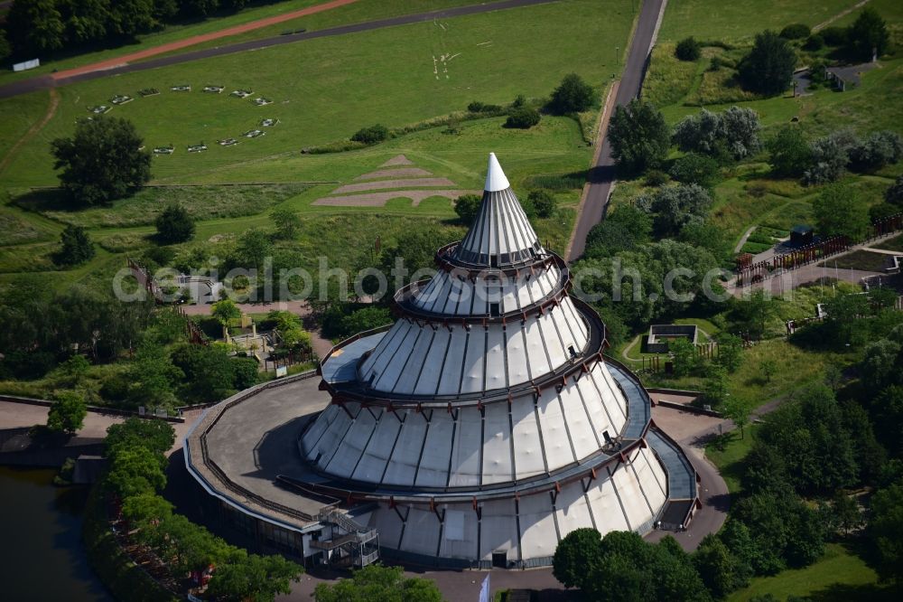 Magdeburg from the bird's eye view: View of the Millennium Tower in Elbauenpark. The Millennium Tower in Magdeburg is was built at the Federal Garden Show