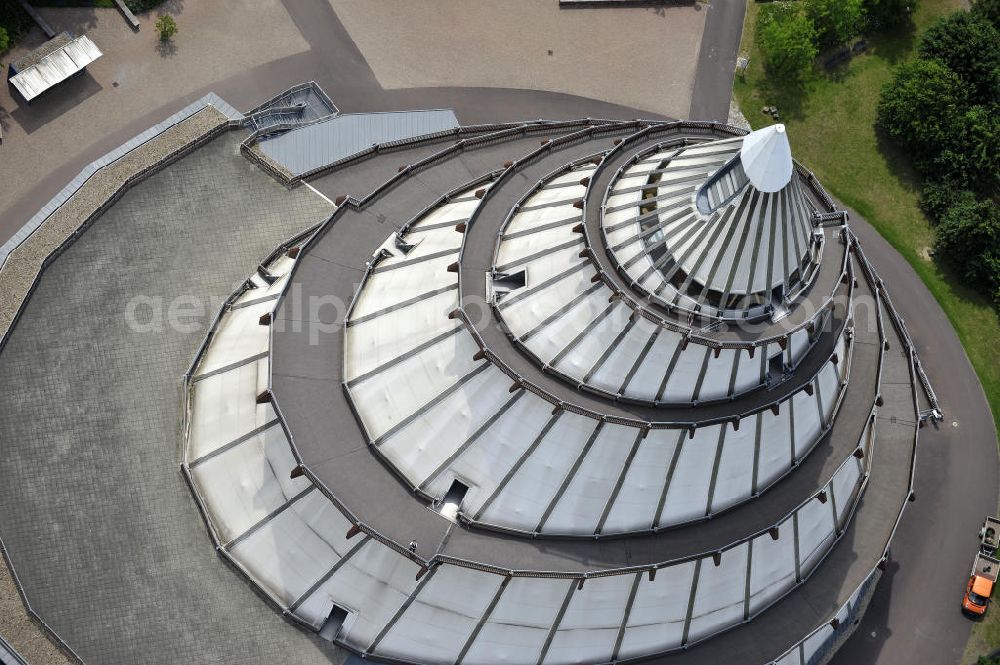 Aerial image Magdeburg - Blick auf den Jahrtausendturm im Elbauenpark, auch als die BUGA - Pyramide bekannt. Der Jahrtausendturm in Magdeburg ist mit 60 Metern Höhe das höchste Holzgebäude Deutschlands und wurde anlässlich der Bundesgartenschau 1999 errichtet. Betreiber ist die Messe- und Veranstaltungsgesellschaft Magdeburg GmbH. View of the Millennium Tower in Elbauenpark. The Millennium Tower in Magdeburg is 60 meters is the tallest wooden building in Germany and was built at the Federal Garden Show 1999th