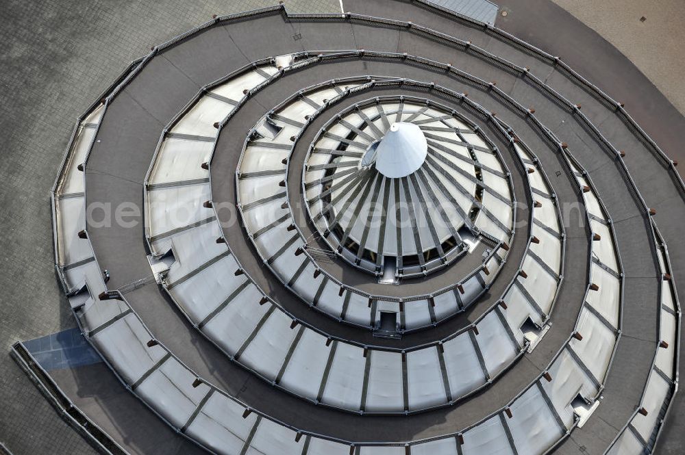 Magdeburg from above - Blick auf den Jahrtausendturm im Elbauenpark, auch als die BUGA - Pyramide bekannt. Der Jahrtausendturm in Magdeburg ist mit 60 Metern Höhe das höchste Holzgebäude Deutschlands und wurde anlässlich der Bundesgartenschau 1999 errichtet. Betreiber ist die Messe- und Veranstaltungsgesellschaft Magdeburg GmbH. View of the Millennium Tower in Elbauenpark. The Millennium Tower in Magdeburg is 60 meters is the tallest wooden building in Germany and was built at the Federal Garden Show 1999th