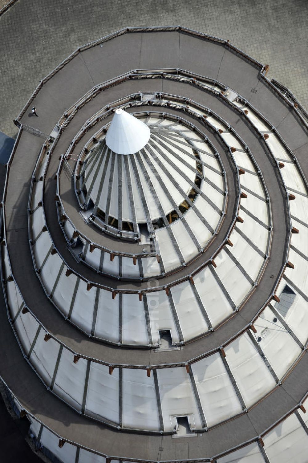 Magdeburg from above - Blick auf den Jahrtausendturm im Elbauenpark, auch als die BUGA - Pyramide bekannt. Der Jahrtausendturm in Magdeburg ist mit 60 Metern Höhe das höchste Holzgebäude Deutschlands und wurde anlässlich der Bundesgartenschau 1999 errichtet. Betreiber ist die Messe- und Veranstaltungsgesellschaft Magdeburg GmbH. View of the Millennium Tower in Elbauenpark. The Millennium Tower in Magdeburg is 60 meters is the tallest wooden building in Germany and was built at the Federal Garden Show 1999th