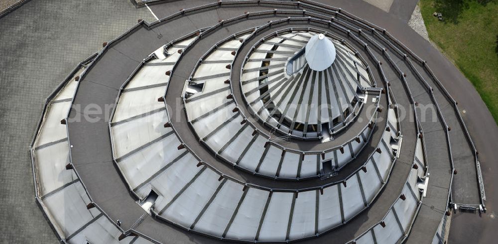 Magdeburg from above - Blick auf den Jahrtausendturm im Elbauenpark, auch als die BUGA - Pyramide bekannt. Der Jahrtausendturm in Magdeburg ist mit 60 Metern Höhe das höchste Holzgebäude Deutschlands und wurde anlässlich der Bundesgartenschau 1999 errichtet. Betreiber ist die Messe- und Veranstaltungsgesellschaft Magdeburg GmbH. View of the Millennium Tower in Elbauenpark. The Millennium Tower in Magdeburg is 60 meters is the tallest wooden building in Germany and was built at the Federal Garden Show 1999th