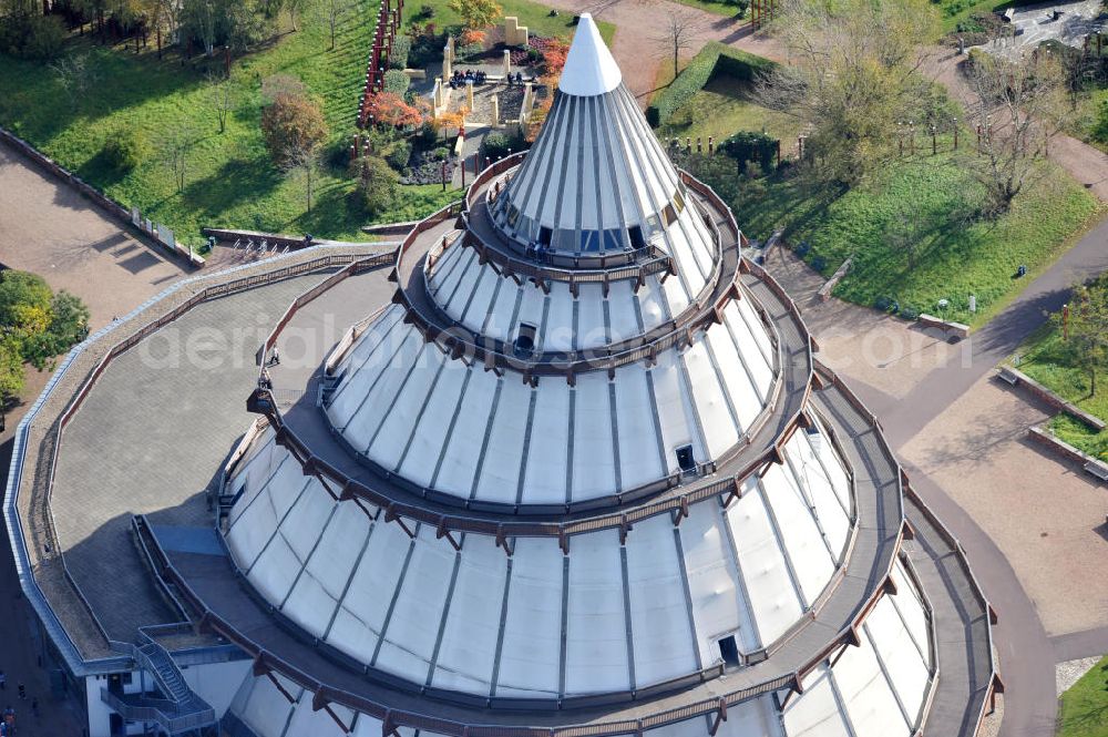 Aerial image Magdeburg - Der Jahrtausendturm im Elbauenpark in Sachsen-Anhalt, ist auch als die BUGA - Pyramide bekannt. Der Jahrtausendturm in Magdeburg ist mit 60 Metern Höhe das höchste Holzgebäude Deutschlands. Betreiber ist die Messe- und Veranstaltungsgesellschaft Magdeburg GmbH. View of the Millennium Tower in Elbauenpark. The Millennium Tower in Magdeburg is 60 meters and it is the tallest wooden building in Germany.