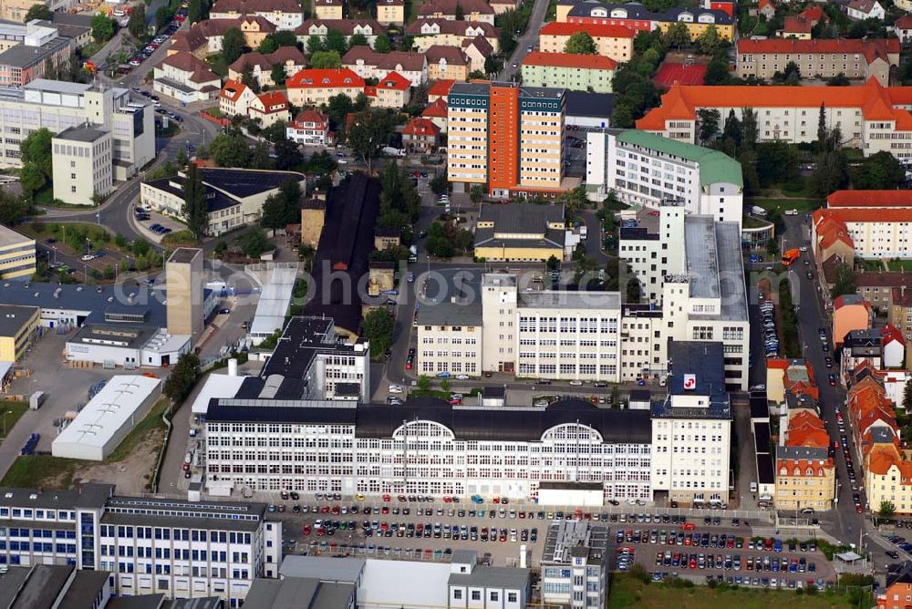 Aerial photograph Jena - Blick auf die Jenapharm GmbH & Co. KG, ein Thüringer Pharma-Unternehmen mit Sitz in Jena. Als Hormonspezialist konzentriert es seine Aktivitäten auf die Geschäftsfelder Fertilitätskontrolle & Hormontherapie sowie Männergesundheit. Kontakt: Jenapharm GmbH & Co. KG, Otto-Schott-Straße 15, 07745 Jena Tel: (0 36 41) 64 5