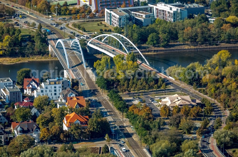 Aerial photograph Magdeburg - Road bridge construction Jerusalembruecke along the Markgrafenstrasse in Magdeburg in the state Saxony-Anhalt, Germany