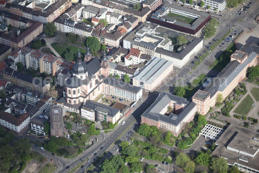 Aerial image Mannheim - Local view of Mannheim in the state of Baden Wurttemberg, Jesuit Church, left of it the historical observatory (surrounded by scaffolding)