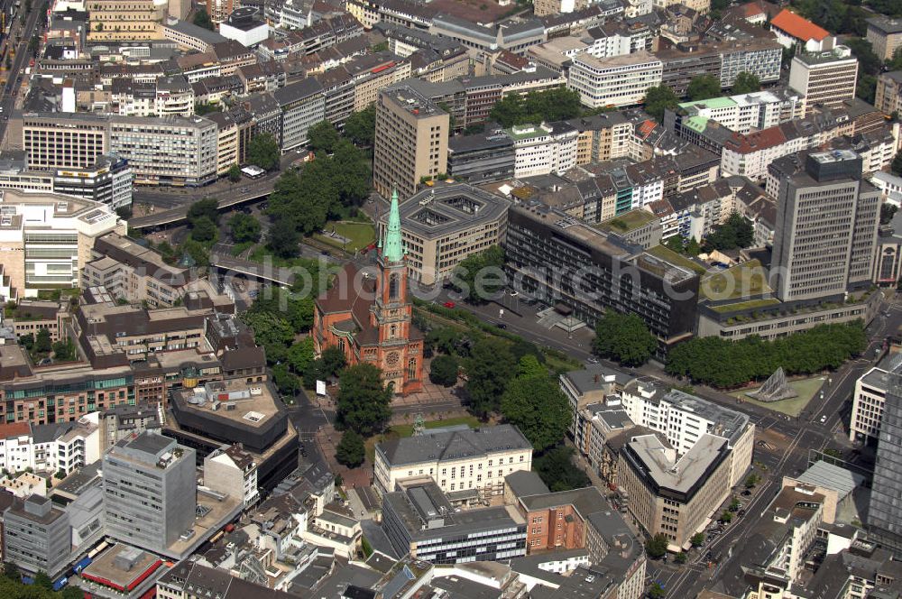 Aerial photograph Düsseldorf - Blick auf einen Teil der Düsseldorfer-Stadtmitte und der Johanneskirche. Die Johanneskirche wurde Ende des 19. Jahrhunderts erbaut und im Juni 2008 begannen Umbauarbeiten im Innenraum der Kirche. Kontakt: Johanneskirche Düsseldorf, Martin-Luther-Platz 39, 40212 Düsseldorf, Pfarrbüro: Pfr. Dr. Uwe & Pfr. Hans Lücke Tel. +49(0)211 135898, Sekretariat Tel. +49(0)211 60170815, Email: buero@johanneskirche.org