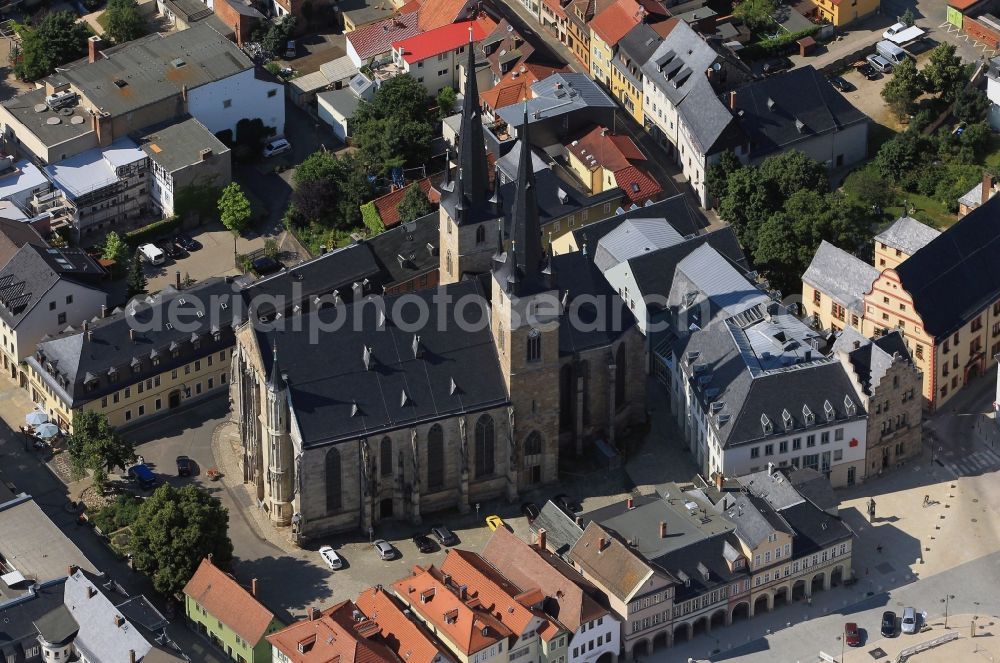 Saalfeld from above - The Church Johanneskirche in Saalfeld in Thuringia. The Church Johanneskirche is the parish church of Saalfeld and is located in the immediate vicinity of the marketplace