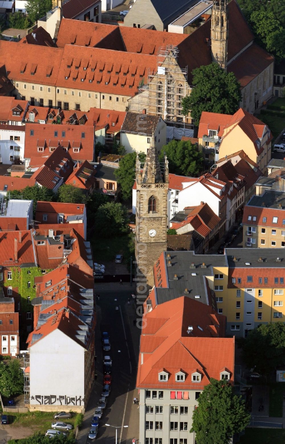 Aerial photograph Erfurt - At the corner of John Street - Franke street in the old town of Erfurt in Thuringia is the John Tower. He once belonged to John, meanwhile, demolished church. The John Tower serves as a bell tower of the Augustinian monastery in the Augustinerstrasse. Here lived and worked Martin Luther as a monk