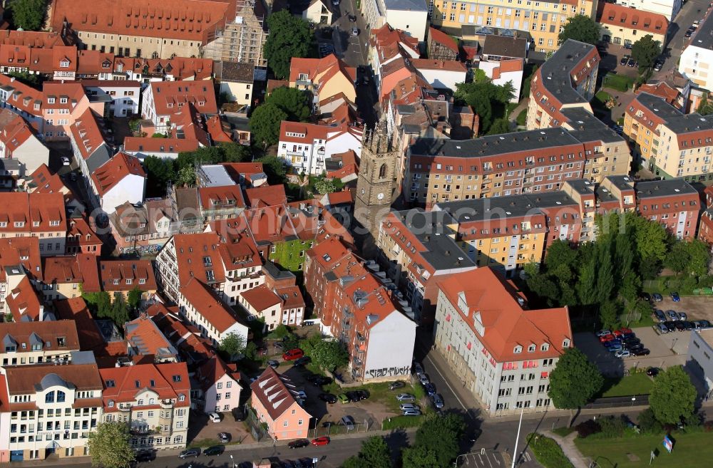 Erfurt from the bird's eye view: At the corner of John Street - Franke street in the old town of Erfurt in Thuringia is the John Tower. He once belonged to John, meanwhile, demolished church. The John Tower serves as a bell tower of the Augustinian monastery in the Augustinerstrasse. Here lived and worked Martin Luther as a monk