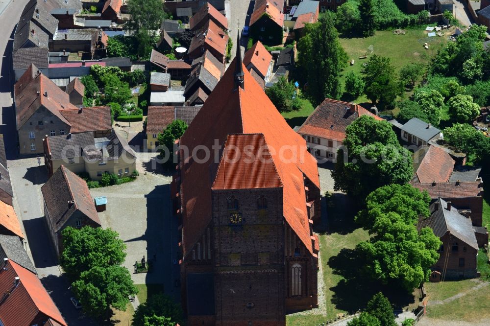 Hansestadt Werben (Elbe) from above - Church St.John in centre of the Hanseatic town Werben (Elbe) in the state of Saxony-Anhalt. The small town with its historic town centre and buildings and is located in the North of the county district of Stendal and is one of the smallest towns of Germany. Its centre includes the Johanniskirche church (Saint John's) with its tower and red roof